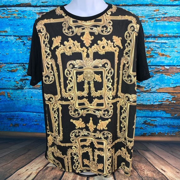 MEN’S BLACK AND GOLD BAROQUE PRINT T-SHIRT SZ XXL - Picture 2 of 5
